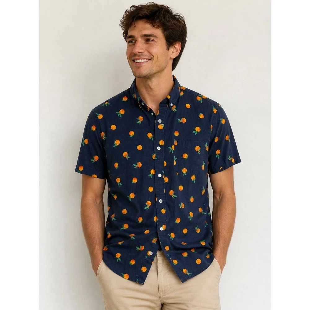 J.Crew Mens Slim Flex Washed Short Sleeve Orange Print‎ Button Down Shirt Navy L